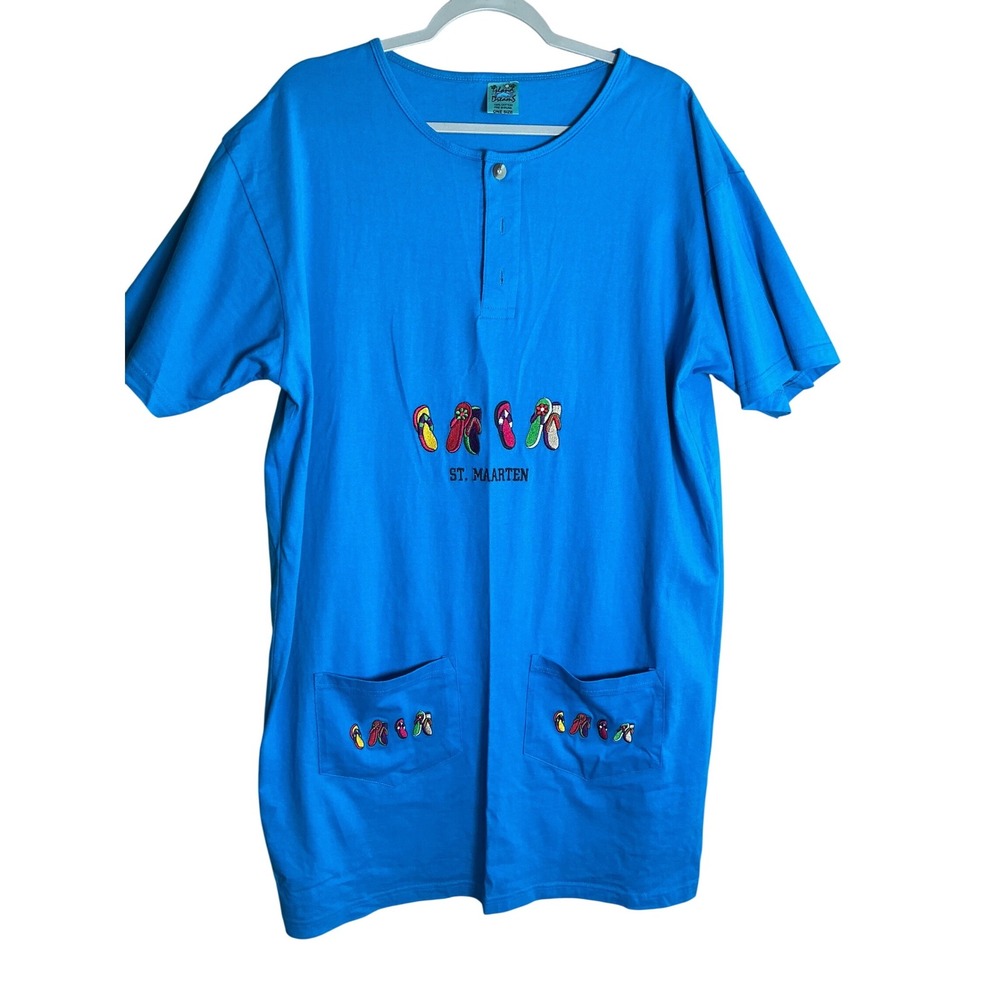 Island Dreams St Maarten Flip Flop Embroidered Blue Cotton‎ Sleep Shirt One Size